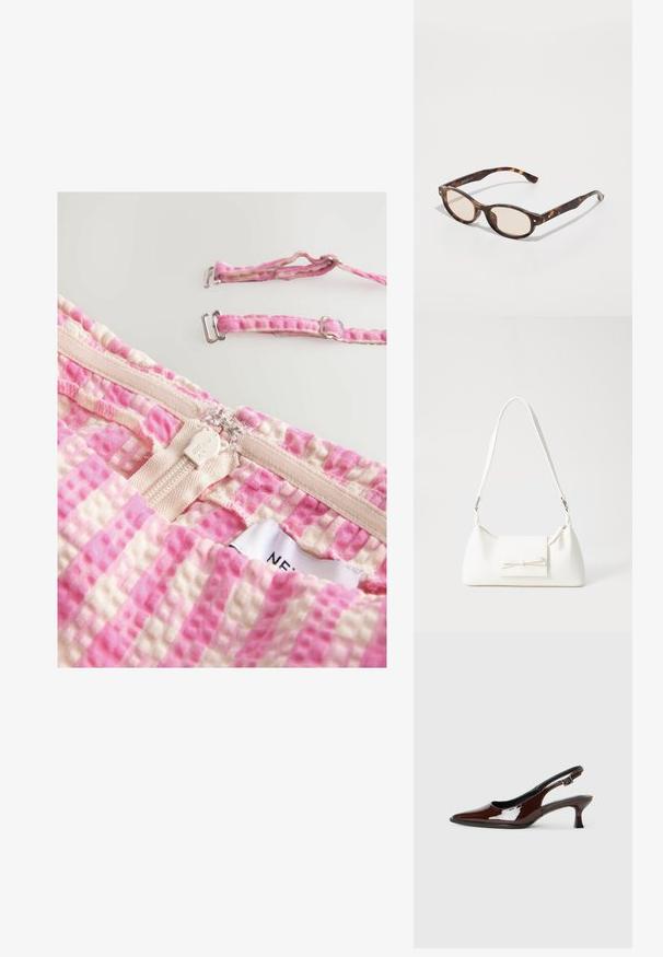 Roosa ja beežide ruudulise mustriga kangas, millel on tekstureeritud muster, varustatud lukuga ja reguleeritavate rihmadega, millel on metallist riistvara. Silti on näha.; Pruun patentnahast slingback tossud terava nina ja mõõduka kandega. Omab pandla rihma kindla istuvuse tagamiseks. Sile tekstuur.; Kilpkonnakilbi prillid, millel on ümmargune kuju ja heledad läätsed. Omab tugevaid varsi, millel on väikesed kuldsed aktsendid, valmistatud plastmaterjalist.; Valge sünteetilisest materjalist kott kolmnurkse kujuga, lame esiklapiga ja kaaredetailiga, reguleeritava rihmaga, sileda tekstuuriga ja minimalistliku disainiga.
