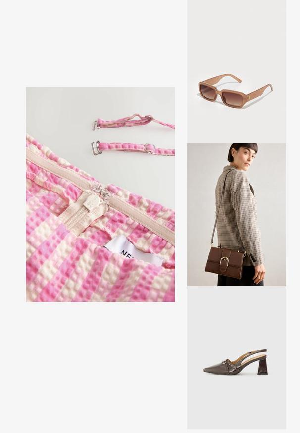 Růžová a béžová kostkovaná látka s texturovaným vzorem, obsahující zapínání na zip a nastavitelné popruhy s kovovými detaily. Viditelná etiketa.; Hnědé lakované kožené lodičky na klínku se špičatou špičkou, výraznou sponou, malými dekorativními hroty a masivním trojúhelníkovým podpatkem.; Hnědé obdélníkové sluneční brýle s gradientovými skly, silnými rámy a logem na bocích. Hladký plastový materiál, minimalistický design.; Hnědá kožená crossbody taška se zlatou sponou, obdélníkový tvar, hladký povrch a odnímatelný popruh.