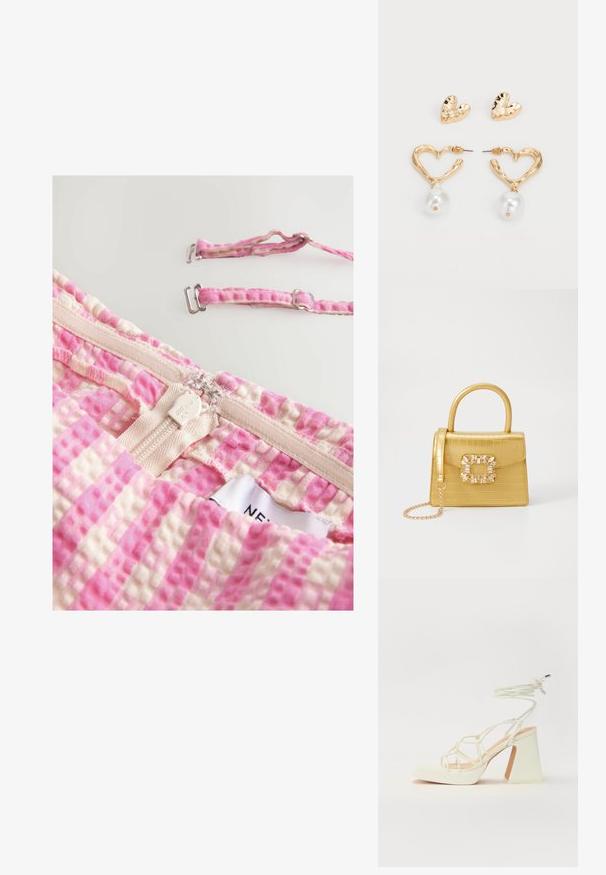 Tissu à carreaux rose et beige avec un motif texturé, présentant une fermeture éclair et des bretelles réglables avec des accessoires en métal. Étiquette visible.; Sandale blanche à talons hauts avec un talon épais, présentant un design à lanières et un lien autour de la cheville. Texture lisse avec une plateforme à l'avant pour une hauteur supplémentaire.; Sac à main en faux crocodile jaune avec un design structuré, une poignée supérieure, une bandoulière en chaîne amovible, et un ornement cristallin décoratif sur le fermoir.; Boucles d'oreilles en forme de cœur en plaqué or avec une finition texturée, dotées d'un accent de perle suspendue. Comprend des boucles d'oreilles en clou en forme de cœur assorties.