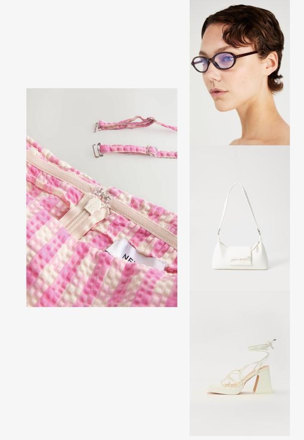Stoff cu carouri roz și bej, cu un model texturat, având un închizător cu fermoar și bretele ajustabile cu accesorii metalice. Eticheta este vizibilă.; Sandale albe cu toc înalt și gros, cu un design cu curele și legătură la gleznă. Textură netedă, cu o platformă frontală pentru înălțime suplimentară.; Ochelari de vedere cu ramă ovală, maro, dotată cu lentile transparente de culoare purpurie; design elegant și textură netedă. Purtați de o persoană cu păr scurt și ondulat.; Geantă sintetică albă, cu formă triangulară, capac frontal plat și detaliu cu fundă, curea ajustabilă, textură netedă și design minimalist.