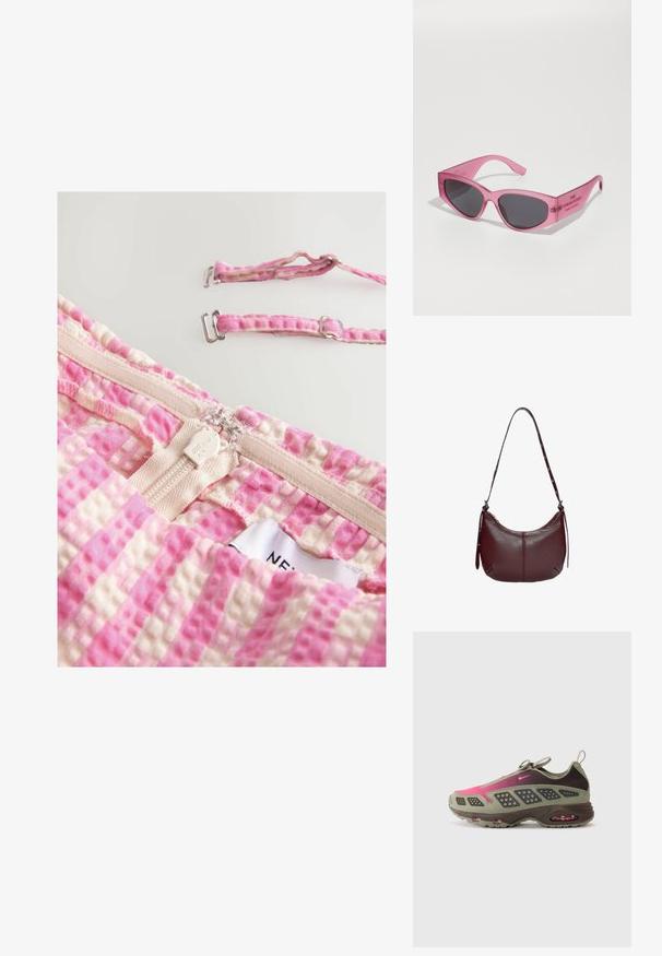 Roza in bež karo tkanina z teksturiranim vzorcem, ki vključuje zadrgo in nastavljive trakove z kovinsko opremo. Oznaka vidna.; Atletski čevljivi z mešanico olivno zelene in temno rjave barve ter rožnatimi akcenti. Teksturen zgornji del in vidno zračno blaženje v podplatu.; Roza prozorna sončna očala z angularno, mačjo obliko, temnimi lečami in vtisnjenim besedilom na roki, ki pravi "SONČNA OČALA."; Burgundska usnjena torba hobo z ukrivljeno silhueto, zanko za zapiranje in naramnico z srebrnimi dodatki.