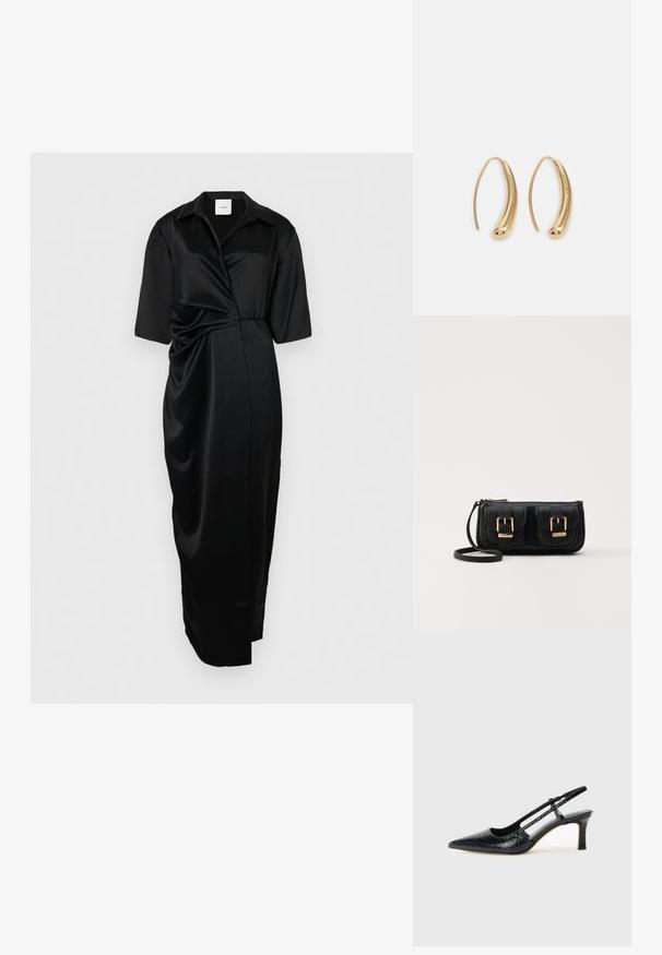 Crna satenasta haljina s ovratnikom, kratkim rukavima, detaljem preklopa sprijeda i midi duljinom, koja ima elegantnu, glatku teksturu.; Crne lakirane slingback pete s oštrim vrhom, s teksturiranim uzorkom zmijske kože, podesivom remenom i kratkom, teksturiranom blok-petom.; Crna kožna torba preko ramena s dva prednja džepa, zlatnim kopčama, zatvaranjem na zip i uskim remenom. Teksturirana površina i kompaktan pravokutan oblik.; Zlatne metalne naušnice u obliku obruča s zakrivljenim, izduženim oblikom. Imaju glatku, sjajnu površinu i zaobljeni vrh za dodatni detalj.