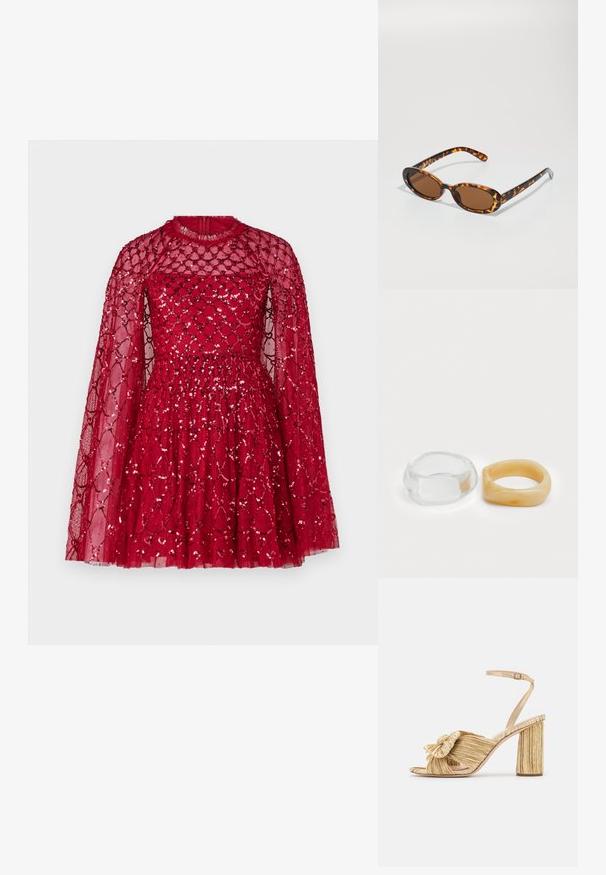 Red dress featuring a fitted bodice and flared skirt, made of sheer material with a diamond pattern and sequined accents, long cape sleeves.; Gold heeled sandals with a knotted front, pleated texture, and an ankle strap. The block heel has a ribbed design, enhancing grip.; Tortoiseshell sunglasses with oval frames, brown lenses, and slender black arms featuring subtle pattern accents.; Clear and amber resin rings, one smooth and transparent, the other with a textured, amber finish. Both feature rounded, chunky designs.