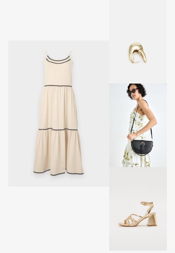 Svetle béžové maxi šaty se špagetovými ramínky, tmavým cikcakovým lemem, stahovaným pasem a designem vrstvené sukně. Materiál je smíchaný bavlněný.; Zlaté metalické sandály na podpatku s páskovým designem, čtvercovým blokovým podpatkem a nastavitelným kotníkovým popruhem se sponou. Hladký povrch.; Černá kožená kabelka s křivkovým tvarem, odnímatelným popruhem a zlatými detaily. Kabelka má klopu s přezkou.; Náušnice ve zlatém tónu z kovu s elegantním zakřiveným designem. Vyznačují se jedinečným špičatým tvarem, lesklým povrchem a závěsem na kloub.