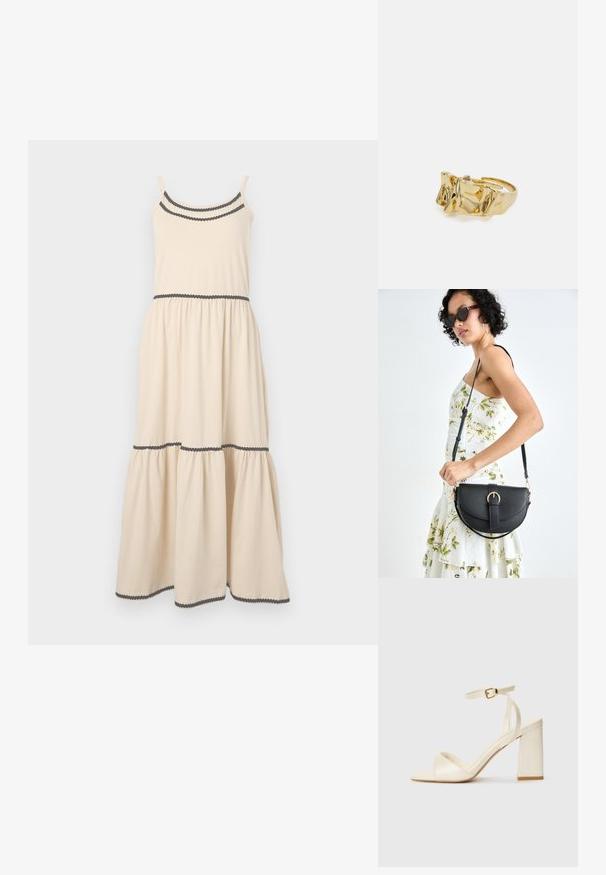 Svetlo bež maksi obleka s tankimi naramnicami, valovitim robom v temni barvi, z zategnjeno pasom in večplastnim dizajnom krila. Iz blenda bombaža.; Sandali s peto v kremni barvi, z odprtim prstom, debelim blokastim petam, tankim gležnjarjem in subtilnim sijajem. Zaponka na traku.; Črna usnjena torbica s ukrivljeno obliko, z odstranljivo naramnico in zlatimi dodatki. Torbica ima pokrov s podrobnostmi v obliki zaponke.; Zlati prstan z teksturiranim, valovitim dizajnom, ki ima tri izrazite vrhove. Gladka, sijoča površina z odprtim pasom za prilagodljivo prileganje.