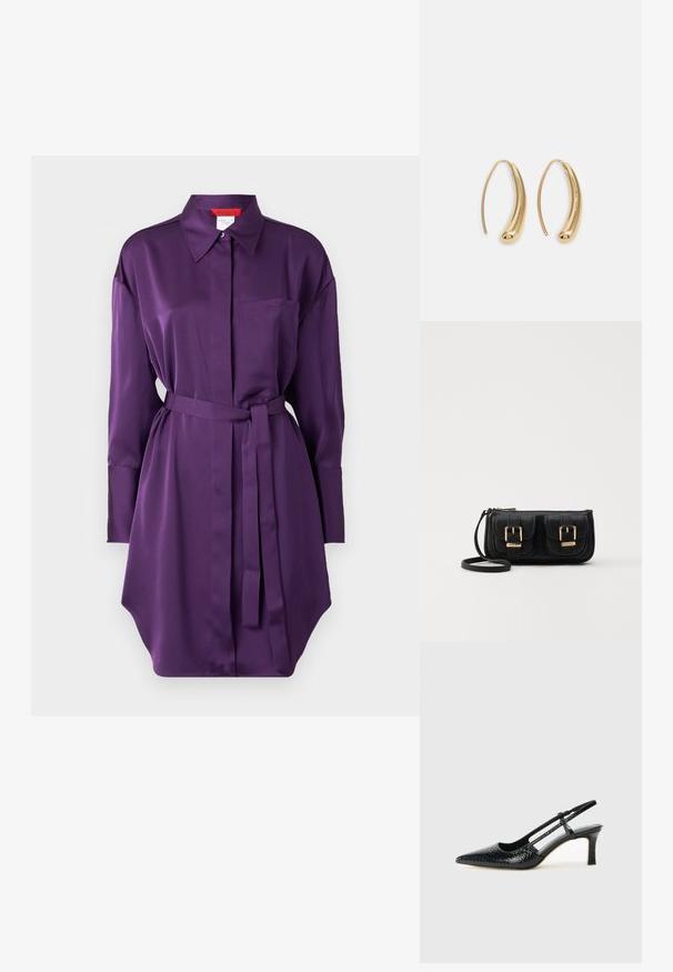 Violeta satīna krekla kleita ar apkakli, garām piedurknēm un sasietu jostu. Iespējo vienu krūšu kabatu un izliektu apakšmalu.; Melna patent āda ar slīdošo papēdi un smailo purngalu, ar teksturētu čūsku drukājumu, regulējamu siksniņu un īsu teksturētu blokpapēdi.; Melnas ādas crossbody soma ar divām priekšējām kabatām, zelta sprādzēm, ar rāvējslēdzēju aizdari un šauru siksnu. Strukturēta virsma un kompakta taisnstūra forma.; Zelta toņu metāla gredzena auskari ar izliektu, pagarinātu formu. Ar gludu, spīdīgu virsma un noapaļotu galu papildu detaļām.