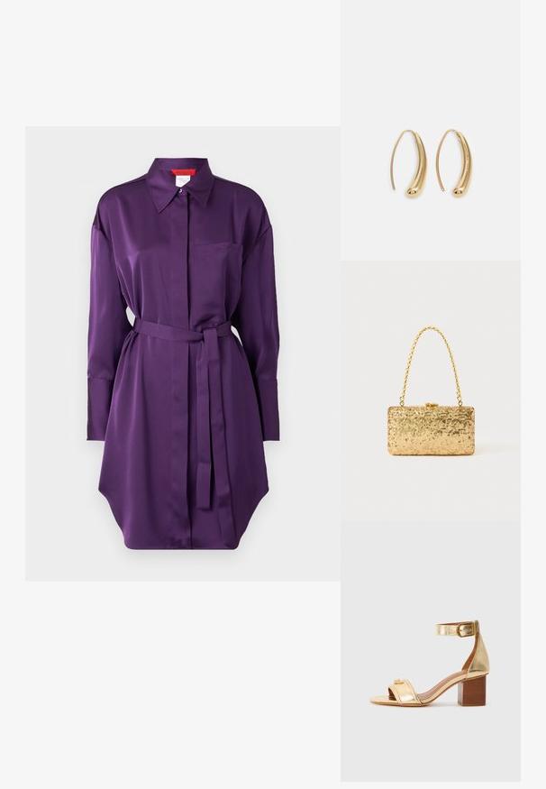 Fialová saténová blúzková šaty s golierom, dlhými rukávmi a viazaným pásom. Obsahuje jednu vrecko na hrudi a zakrivený lem.; Zlaté metalické sandále na podpätku s širokým pásikom cez prsty, členkovým pásikom so sponou a blokovým podpätkom. Hladká textura, minimálne detaily.; Zlatá flitrová listová taška s obdĺžnikovým tvarom, vybavená skrúteným reťazovým držadlom a kovovým uzatváraním, odrážajúca svetlo s textúrovaným povrchom.; Náušnice vo forme zlatých kovových kruhov s zakriveným, predĺženým tvarom. Majú hladký, lesklý povrch a zaoblený koniec pre pridanie detailu.