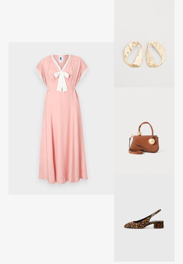 Vaaleanpunainen mekko V-päällä, lyhyillä viittahihnoilla ja valkoisella nauhakiinnityksellä rinnassa. Korkealaatuinen pitsireunus kaula-aukossa. Pehmeä kangas.; Naisten leopardikuvioiset slingback-kengät matalalla paksupohjalla ja kultaisella soljella sivunauhoissa, esitetty sivuprofiilissa yksinkertaisella taustalla.; Ruskean nahkalaukku, jossa on aaltoileva muotoilu, kahdella pyöreällä kullansävyisellä yksityiskohdalla ja irrotettavalla olkahihnalla monipuolista kantamista varten.; Pari epämuodostuneita soikeita kultasävyisiä metallikorvakoruja, joissa on teksturoitu, hieman hakattu pinta valkoista taustaa vasten.