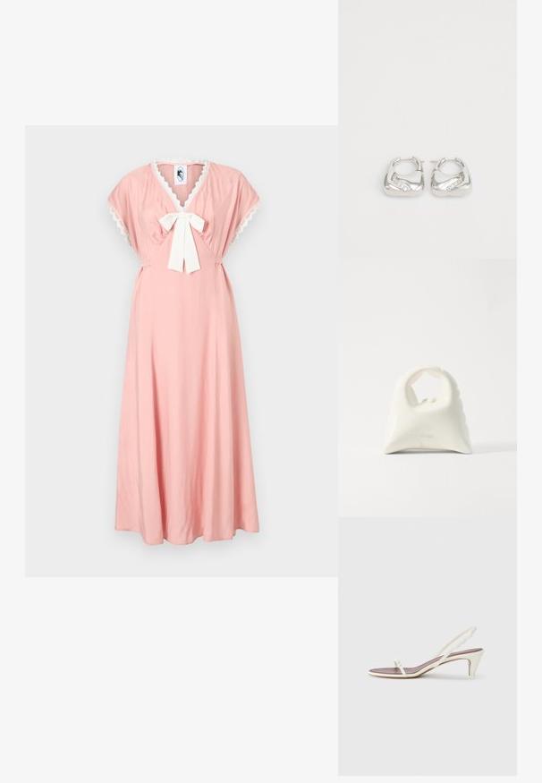 Robe rose avec un décolleté en V, des manches courtes en forme de cape et un détail en nœud blanc au niveau de la poitrine. Elle possède une bordure en dentelle le long de l'encolure. Tissu doux.; Sandales blanches à talon léger avec des fines lanières et une texture en cuir lisse ; elles sont dotées d'une petite boucle décorative.; Sac à main blanc avec un design courbé texturé. Dispose d'une poignée proéminente et d'un fond arrondi, avec une finition lisse et un matériel minimal.; Boucles d'oreilles en argent en forme de créoles lisses et arrondies, avec un accent ondulé et de petits strass transparents le long d'un bord.