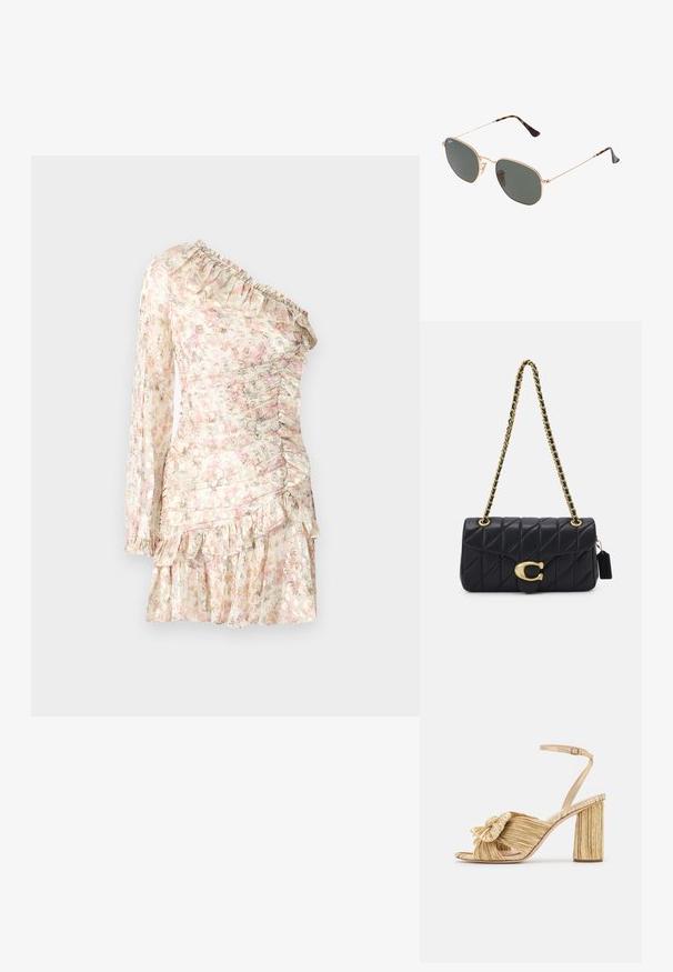 Ziedu raksta kleita caurspīdīgā, vieglā audumā ar plecus atsedzošu dizainu, reibinošiem akcentiem un pakāpenisku apakšmalu maigos pasteļtoņos.; Zelta papēža sandales ar mezglotu priekšpusi, plīšu tekstūru un potītes siksniņu. Bloku papēdis ir ar ribotu dizainu, kas uzlabo saķeri.; Zelta metāla rāmis saulesbrilles ar tumši zaļiem stikliem, aviator stils, ar šaurām kājām un bruņu akcentiem uz galiem.; Melna quiltota soma ar zeltītu ķēdes siksnu, kas izceļas ar izteiksmīgu zelta aizdari un mazu etiķeti, demonstrējot teksturētu ādas virsmu.