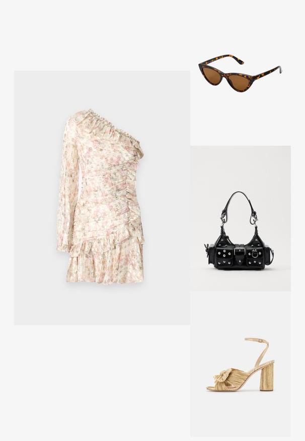 Šaty s květinovým potiskem z průsvitné, lehké látky, s designem bez ramínek, volánky a stupňovitým lemem v jemných pastelových barvách.; Zlaté sandály na podpatku s uzlem vpředu, sklady na povrchu a páskem kolem kotníku. Blokový podpatek má žebrovaný design, který zvyšuje přilnavost.; Sluneční brýle ve stylu kočičích očí s černo-oranžovým želvovinovým rámem, hnědými skly a elegantními, špičatými konci. Obsahují minimalistické logo na straně.; Černá kožená kabelka s křivkovým designem, zdobená stříbrnými hřebíky, s přezkou a dvěma bočními kapsami. Nastavitelný popruh pro různé možnosti nošení.