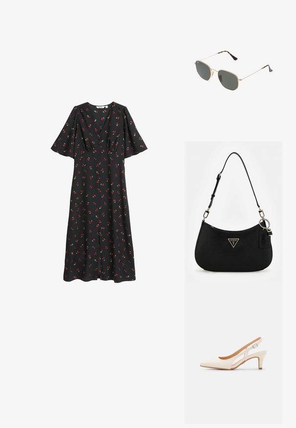 Schwarzes Midikleid mit kurzen, ausgestellten Ärmeln, mit einem Kirschmuster in Rot und Grün. V-Ausschnitt mit gerafftem Detail an der Brust.; Weiße Slingback-Absätze mit spitzer Zehenpartie, glattem Obermaterial, niedrigem Blockabsatz und seitlichem Ausschnitt-Design mit verstellbarem Schnallenriemen.; Goldfarbene Metallrahmen-Sonnenbrillen mit dunkelgrünen Gläsern im Pilotenstil, mit schlanken Bügeln und Schildpatt-Akzenten an den Spitzen.; Schwarze synthetische Schultertasche mit geschwungenem Silhouette, strukturiertem Finish, goldenem Dreiecks-Logo und abnehmbaren Hardware-Akzenten.