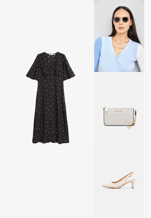 Zwarte midi-jurk met korte uitlopende mouwen, voorzien van een kersenprint in rood en groen. V-halslijn met plooidetail bij de bust.; Witte slingback hak met een spitse neus, glad bovenmateriaal, lage blokhak en een design met uitsparingen aan de zijkant, voorzien van een verstelbare gespsluiting.; Ronde zonnebrillen met donkere glazen en gouden montuur. Het model draagt een lichtblauwe, geribbelde cardigan met knopen en contrasterende witte mouwen.; Michael Kors polsbandje in beige gecoate canvas met een herhaald MK-logo patroon, gouden hardware en een afneembare kettingriem.
