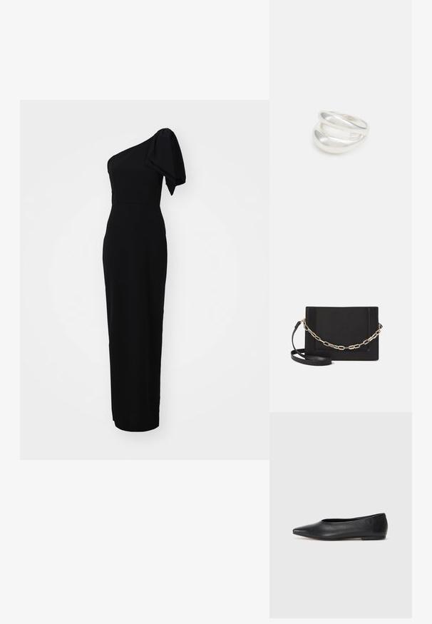 Črna, oprijeta obleka z asimetričnim oblikovanjem enega ramena in detajlom napihnjenega rukava. Narejena iz gladkega materiala, dolga do tal.; Črne usnjene balerinke, koničast toe, minimalističen dizajn, gladka tekstura, nizka peta, brez vidnih kovinskih delov ali okraskov.; Črna usnjena torba čez ramo z gladko teksturo, pravokotno obliko in kovinskim verižnim detajlom spredaj. Vključena je nastavljiva naramnica.; Srebrn dvojni prstan z gladko, polirano površino. Ima tekoč, ukrivljen dizajn z prekrivajočimi se sekcijami za sodoben videz.