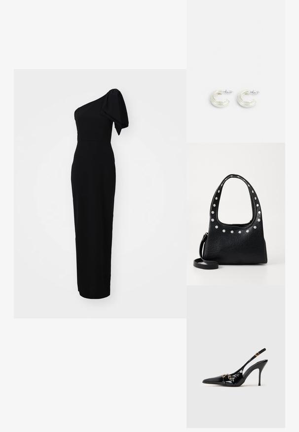 Melns, pieguļošs kleita ar asimetrisku vienas pleca dizainu un pūkainu piedurkni. Izgatavota no gludas auduma, garuma līdz grīdai.; Melni lakādas augstpapēžu pumpsi ar atvērtu papēdi, smailu purngalu, plānu papēdi un dekoratīvām zelta tonīša sprādzēm uz siksnām.; Melnas strukturētas ādas rokassomu ar sudraba kniedēm gar augšējo malu un rokturiem, kura ietver īsu rokturi un noņemamu siksniņu.; Sudraba toņa auskari ar savīti gredzenu dizainu, ar teksturētu virsmu un ribotu apdari, nostiprināti ar stieples aizdari.