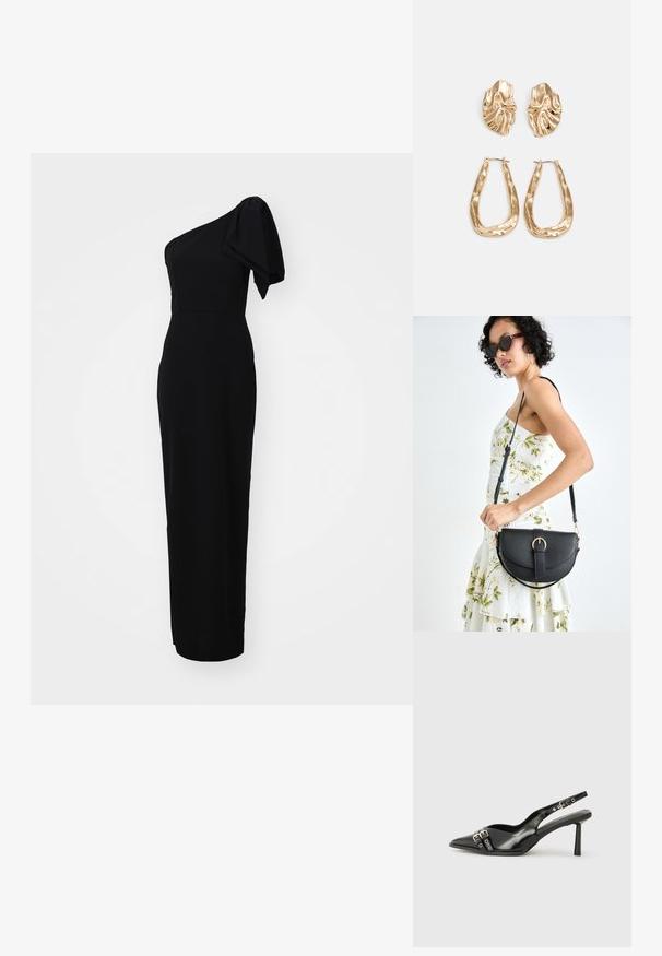 Rochie neagră, mulată, cu un design asimetric pe un umăr și detaliu de mânecă bufantă. Fabricată dintr-un material neted, lungime până la podea.; Pantofii slingback din piele lăcuită neagră, cu vârf ascuțit, bretele pentru gleznă cu catarame și accesorii din argint, și un toc subțire.; Geantă din piele neagră, cu o formă curbată, curea detașabilă și accesorii aurii. Geanta are un capac cu un detaliu tip cataramă.; Cercei aurii cu forme texturate și ondulate. Include studs sculpturale cu clip și un design de cerc deschis cu un finisaj cioplit.