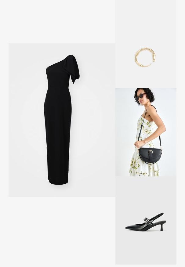 Must musta, keha rõhutav kleit ebatasase ühe õlavarre disainiga ja puffvarrukaga detailiga. Valmistatud siledast kangast, põrandani.; Mustad patenteeritud nahast sildiga kontsad, millel on terav nina ja väike plokk-konts, mille rihmal on hõbedane pandla aksessuaar.; Mustmust mustraha kõverate joontega, eemaldatava rihmaga ja kuldsete detailidega. Kotil on klapp, millel on pandladetail.; Kuldtoonis sõrmus, millel on orgaaniline, keerdunud disain sileda tekstuuri ja kitsenevate otstega, luues kaasaegse skulptuurilise välimuse.