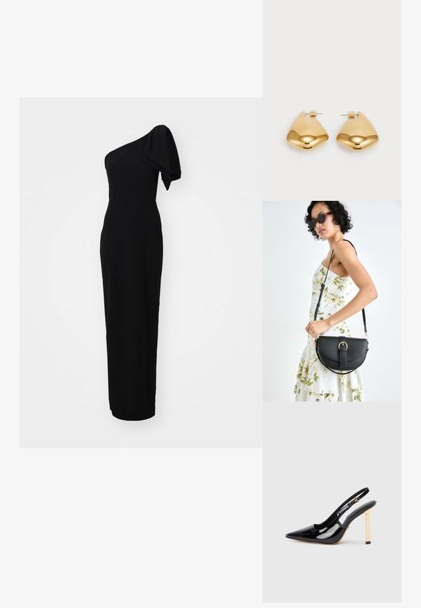 Černé, přiléhavé šaty s asymetrickým designem jedné ramena a detailem balónového rukávu. Vyrobené z hladkého materiálu, délka až na podlahu.; Černá lakovaná slingback vysoká bota na podpatku s špičatou špičkou a zlatým čtvercovým akcentem na podpatku. Má nastavitelné kotníkové popruhy.; Černá kožená kabelka s křivkovým tvarem, odnímatelným popruhem a zlatými detaily. Kabelka má klopu s přezkou.; Náušnice z kovu ve zlatém tónu s hladkým, zaobleným trojúhelníkovým tvarem a designem na zadní upevnění; lesklý povrch s minimálními detaily.