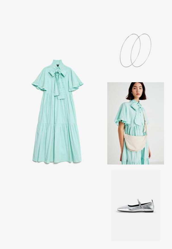 Mint zelena, obleka do kolen iz lahkotnega materiala z visokim nabranim ovratnikom, detajlom z mašnjo in kratkimi lebdečimi rokavi.; Srebrni metalik baletni čevelj z obliko konic, zankasta trak z nastavljivim sponko, teksturirana površina in minimalistični črni podplat.; Krema barve torbica s ukrivljeno obliko, mehko teksturo in nastavljivim ročajem, nosi se over svetlo mentolno zeleno obleko z naborki.; Srebrne uhane v obliki obroča z minimalističnim dizajnom. Krožna oblika, gladka tekstura in tanek profil. Lahki s poliranim zaključkom.