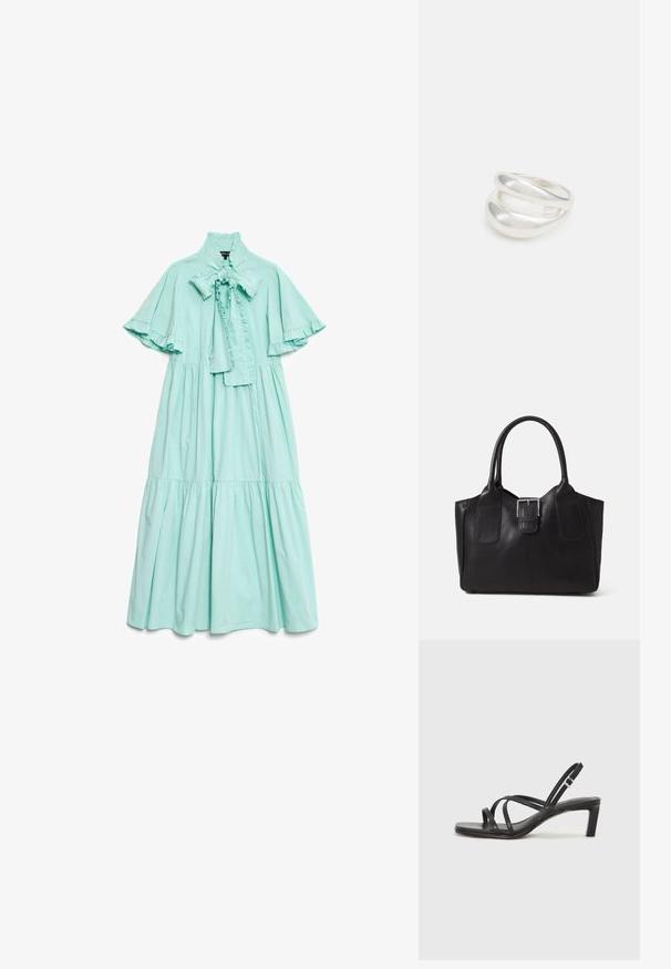 Mintgrön, knä-lång klänning i lätt tyg med hög volangkrage, detaljer med rosett och korta, fladdrande ärmar.; Svart sandaler med remmar och fyrkantig tå samt låg blockklack. Har flera tunna remmar och en justerbar ankelrem. Tillverkad av mjukt läder.; Svart läder tote-väska med slät yta, strukturerad form, två handtag och en framträdande silverfärgad spänne på framsidan.; Silver ring med dubbel band och en slät, polerad yta. Har en flödande, böjd design med överlappande sektioner för en modern stil.