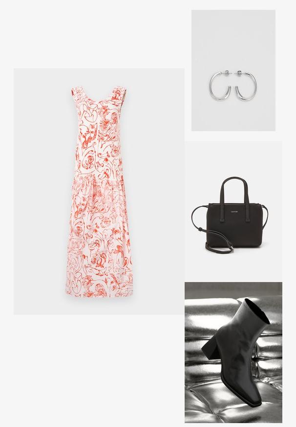 Blommönstrad klänning i ljusrosa med röda mönster, med rundad halsringning och volangaxlar som flödar ner till en rynkad fåll.; Svarta ankelboots i glänsande material med fyrkantig tå och avsmalnande klack, placerade mot en glänsande silverfärgad vadderad bakgrund.; Svart handväska med dubbla korta handtag och ett avtagbart axelband. Slät läderliknande material med dragkedjestängning och logodetalj.; Silverfärgade hängande örhängen med en slät, blänkande yta. Rundad form, lätt design, med ett stift- och bakstängning.