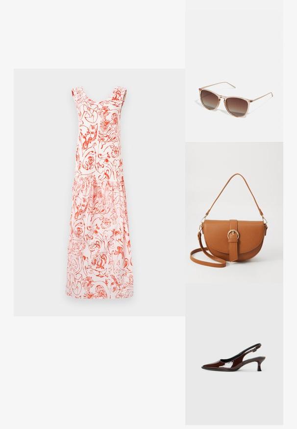 Šaty s květinovým potiskem v světle růžové barvě s červenými vzory, s lodičkovým výstřihem a volánkovými ramínky, které plynule přecházejí do nařaseného lemu.; Hnědé lakované kožené slingback boty s špičatou špičkou a mírným podpatkem. Disponují přezkou pro bezpečné upevnění. Hladký povrch.; Hnědé sluneční brýle s gradientem, s průhledným růžovým rámem, čtvercovým tvarem a tenkými kovovými nohami. Charakterizovány zaoblenými hranami a minimálním zdobením.; Hnědá kožená křížová taška s zakřiveným tvarem, zlatými detaily a akcentem s přezkou. Obsahuje odnímatelný popruh na rameno.