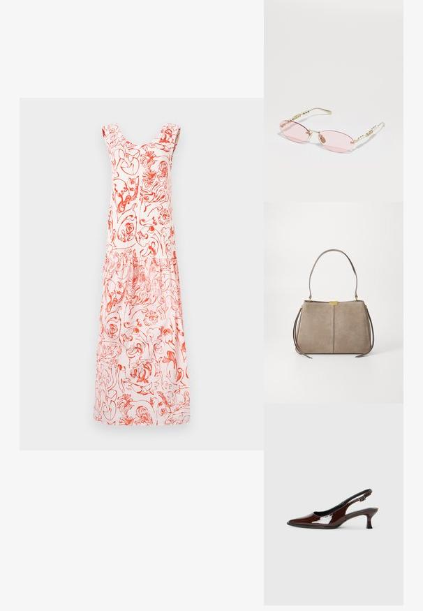 Cvetna obleka v svetlo roza barvi z rdečimi motivi, s krojaškim izrezom in nabranimi naramnicami, ki se spušča do nabranega roba.; Rjavi lakirani slingback čevelj z ostro konico in zmerno peto. Ima zaponko za varno prileganje. Gladka tekstura.; Gucci Sončna očala - gold-coloured/pink; Tommy Hilfiger CASUAL SHOULDER BAG - Torbica - coastal taupe
