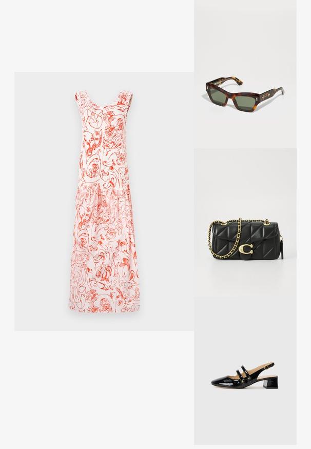 Blumenmusterkleid in Hellrosa mit roten Designs, ausgestattet mit einem Rundhalsausschnitt und gerüschten Schulterträgern, die bis zu einem gerafften Saum verlaufen.; Schwarzer lacklederner Slingback-Schuh mit spitzem Zehenbereich, zwei Riemendetails, goldenen runden Akzenten und niedrigem Blockabsatz.; Schildpatt-Sonnenbrille mit rechteckigen grünen Gläsern. Dicke Fassung mit goldenen Akzenten an den Bügeln. Glatte Textur und kantiges Design.; Schwarze, gesteppten Lederhandtasche mit einer goldfarbenen Kettenriemen und einem Drehverschluss, der mit einem runden Akzent verziert ist. Kompakte rechteckige Form.