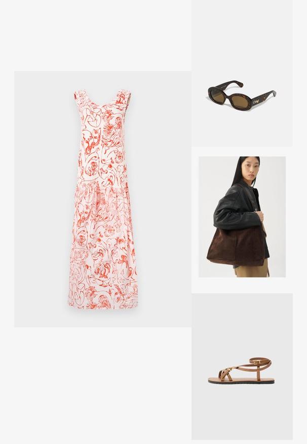 Kerge roosa lillemustriga kleit punaste disainidega, millel on ümar kaelus ja volangiga õlavarre rihmad, voolates kokku kogutud äärega.; Pruunist nahast sandaal, millel on õhukeste rihmadega disain, kuldse tooni klamber ja lame must talla, mille servad on sakilised.; Kilpkonnakuued päikeseprillid ovaalsete raamidega, pruunide toonitud läätsedega ning "Chloé" brändinguga varrel. Sile plastikmaterjal läikiva viimistlusega.; Pruun suede totes kott laia kujuga ja pehme tekstuuriga, millel on üks rihm ja minimaalne riistvara neutraalses taustas.
