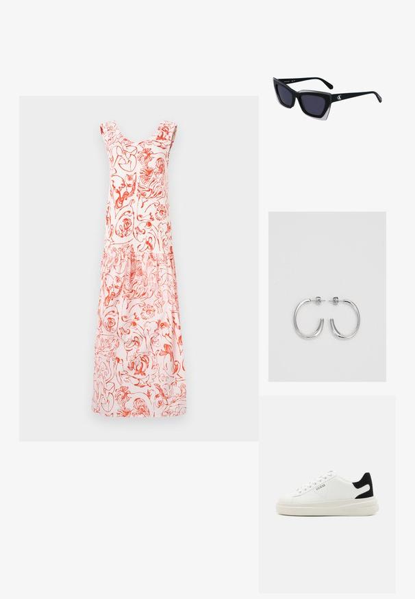 Šviesiai rožinė su raudonais raštais gėlėmis suknelė, turinti apvalų iškirpimą ir raukšlėtus petnešas, tekančią iki susiraukšlėjusio apvado.; Baltos odinės sportbačiai su storu baltu padu, juodu nubuko kulno akcentu ir iškilmingu logotipu šone. Su raišteliais, turinčiais šešis akinius.; Juodos didelės saulės akinių su geometrine forma, turinčiais tamsius objektyvus ir kontrastingą pilką detalę ant rėmelio. Logotipas ant šalon.; Sidabrinės auskarai žiedai su lygiu, blizgiu paviršiumi. Suapvalinta forma, lengvas dizainas, su uždarymu ant smeigtuko.