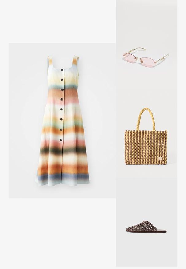 Klänning med knappar i en gradientmönster, med nyanser av orange, rosa, grön och blå. Tillverkad av lättviktsmaterial med fyrkantig halsringning.; Brun vävd slide sandal med rund tå, öppen design, platt sula och texturerad yta. Lätt material och minimalistisk silhuett.; Gucci Solglasögon - gold-coloured/pink; Vävd väska i brunt och gult, med rektangulär form, två handtag och en texturerad yta med synliga sömmar och ett varumärkesmärke.