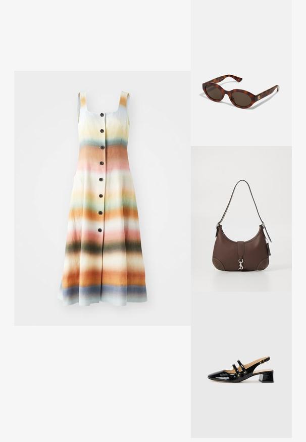 Košilové šaty v přechodovém vzoru, obsahující oranžové, růžové, zelené a modré odstíny. Vyrobené z lehkého materiálu s čtvercovým výstřihem.; Černá lakovaná slingback obuv s špičatou špičkou, dvěma popruhy, zlatými kruhovými detaily a nízkým blokovým podpatkem.; Kočičí sluneční brýle s kulatými rámy, tmavými skly a zlatým logem na stranách. Hladký plastový materiál, bez viditelných vzorů.; Hnědá kožená kabelka zaobleného tvaru, se stříbrnými doplňky a dekorativním prošíváním. Disponuje popruhem na rameno a zapínáním na klips.