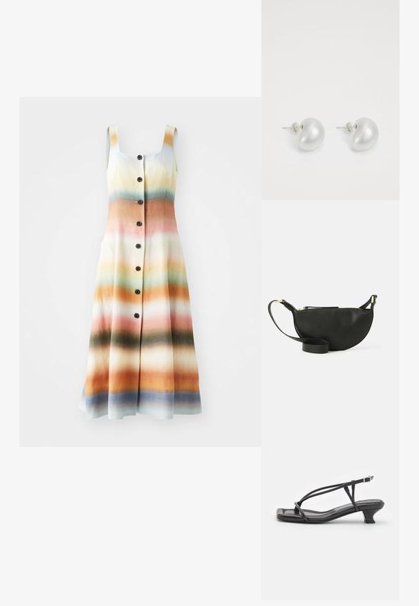 Krekliņš ar pogām, kas izgatavots gradienta rakstā, iekļaujot oranžas, rozā, zaļas un zilas krāsas. Izgatavots no viegla auduma ar kvadrātveida dekoltē.; Melnas ādas sandales ar plānām siksniņām, zemu blokveida papēdi un kvadrātveida deguniem. Ar sprādzi un gludu tekstūru.; Melnas ādas plecu soma ar pusmēness formu, teksturētu virsmu, zelta rāvējslēdzēju un plakanu siksnu. Kompakts dizains, kas piemērots svarīgākajām lietām.; Sudraba pērļu auskari ar izliekta, pupiņas formas dizainu. Gluda, spīdīga virsma un nostiprināti ar tapu un aizmugures aizdari.