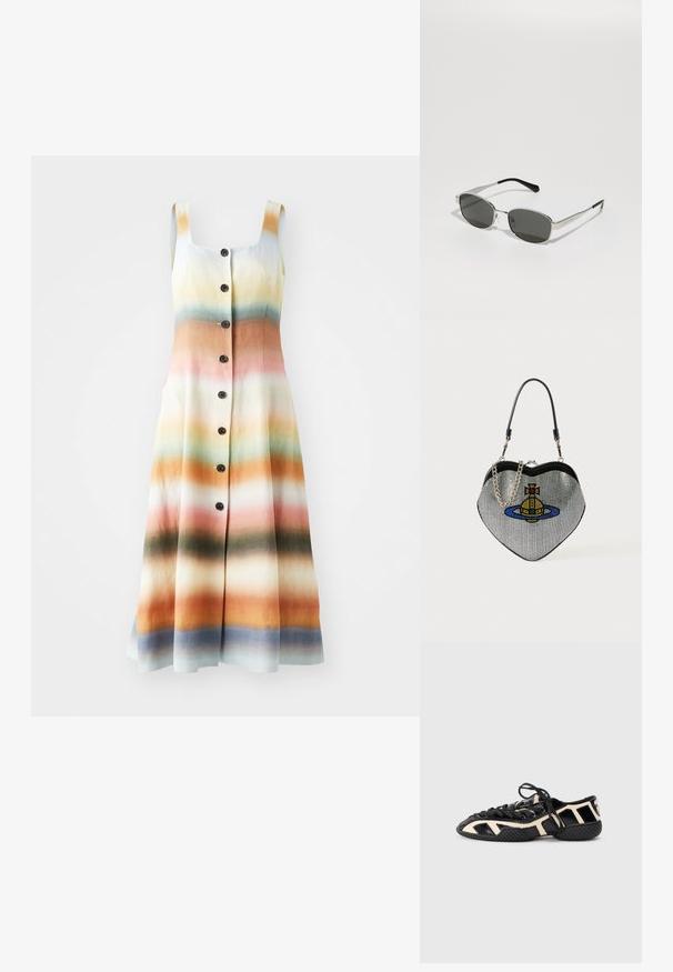 Vestido tipo camisa com um padrão degradé, apresentando tons de laranja, rosa, verde e azul. Feito de um tecido leve com um decote quadrado.; Sapatilha atlética preta e creme com parte superior texturizada, apresentando recortes, atacadores e uma sola estriada para melhor aderência.; Óculos de sol com lentes cinzas, armação metálica prateada fina, detalhes transparentes e pontas pretas nas hastes. Apresenta um formato oval.; Bolsa em forma de coração feita de rede com um acabamento metálico, apresentando um design de gato e planeta em azul, amarelo e vermelho. Inclui uma alça em corrente.
