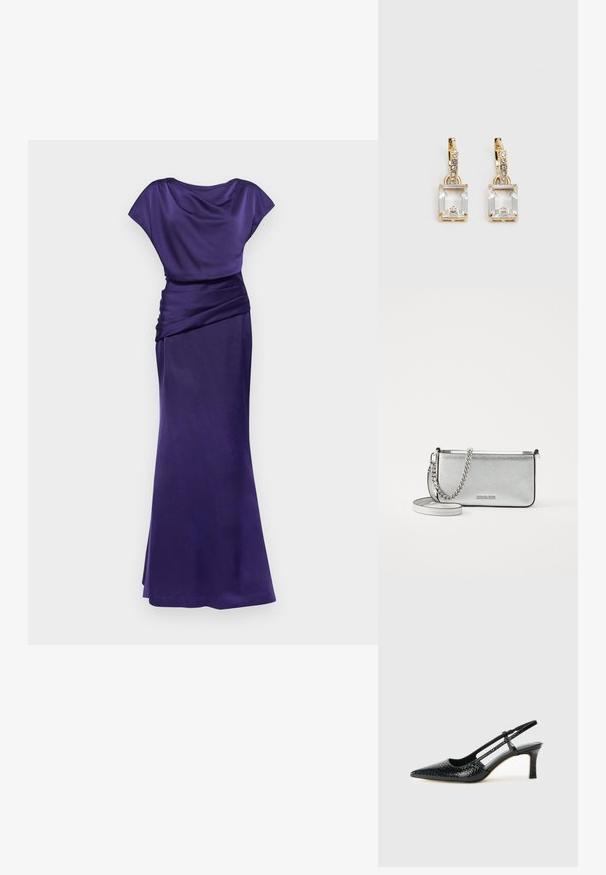 Halston LISSANDRA GOWN - Pidulikud riided - purple; Mustmust paelad, millel on terav varvas, tekstuuriga maduprindiga, reguleeritav rihm ja lühike tekstuuriga plokknina.; Hõbedane nahkne õlakott, millel on tekstuuriga viimistlus, ahel- ja rihmaaktsendid ning lukuga lukustus. Esiküljel on logo.; Kuldtooni kõrvarõngad, millel on ristkülikukujuline, selge kristall, mis ripub allapoole väikeste ümmarguste selgete aktsentide rida. Viimistletud, kaasaegne disain.
