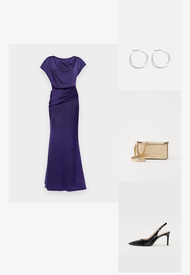 Halston LISSANDRA GOWN - Svečana odjeća - purple; Crne lakirane slingback cipele s oštrim vrhom, uskim potpeticama i suptilnim izrezom. Sadrže zlatnu kopču na traku.; Metalna zlatna kožna torbica s teksturiranom površinom, opremljena zlatnim lancem i uklonjivom naramenicom. Utisnuti logotip branda.; Srebrne okrugle naušnice imaju glatki, zaobljeni dizajn s tankim profilom i sigurnim zatvaračem. Minimalistički stil s sjajnom završnom obradom.