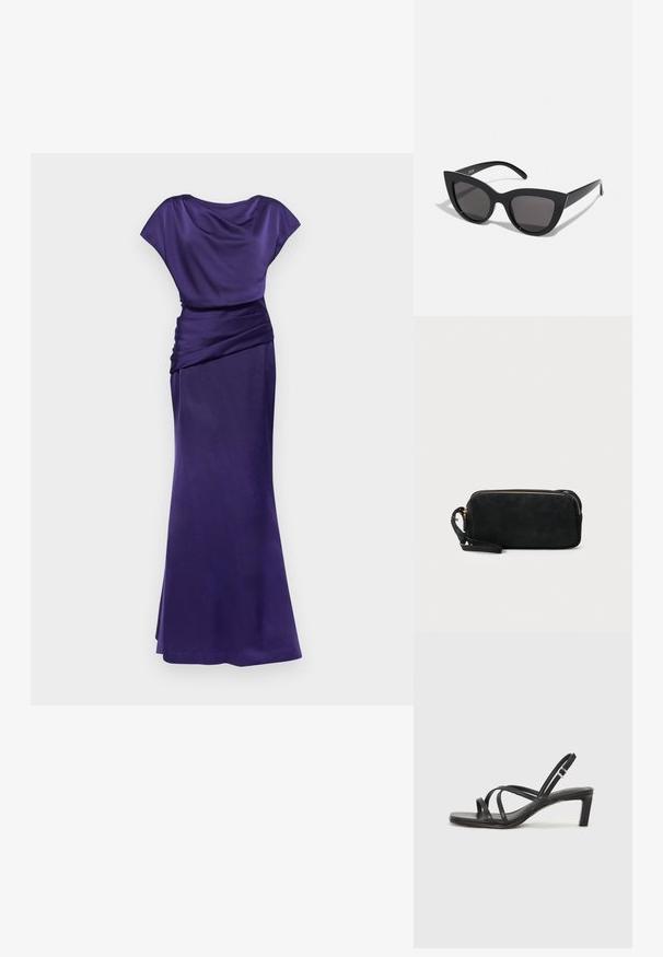 Halston LISSANDRA GOWN - Společenské šaty - purple; Černé sandály na tenkém podpatku se čtveratou špičkou a nízkým blokovým podpatkem. Mají několik tenkých popruhů a nastavitelné zapínání okolo kotníku. Vyrobeny z hladké kůže.; Černé sluneční brýle ve stylu kočičích očí s matným povrchem, vybavené šedými zabarvenými skly, ostrými liniemi a elegantními bočními rameny. Název značky viditelný na vnitřní straně ramene.; Černá semišová kabelka na ruku se zipovým uzávěrem a odnímatelným zápěstním řemínkem. Vybaveno zlatými kovovými detaily a hladkým, matným povrchem.