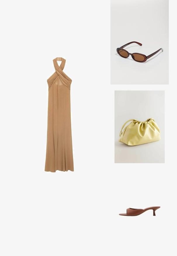 Haltterikaulimekko pehmeässä beigeessä kankassa, jossa on poimutusala yksityiskohtia kauluksessa ja virtaava, lattiatason muotoilu.; Ruske avto čevlji s peto, odprti spredaj, z gladko mat površino, ki imajo ukrivljen dizajn in prozorno, stožčasto peto.; Pyöreät, ruskehtavat aurinkolasit, joissa on kiiltävä burgundinpunainen runko. Kapeat sivut, joissa on hienovarainen brändäys. Litteät linssit.; Next Pikkulaukku - yellow