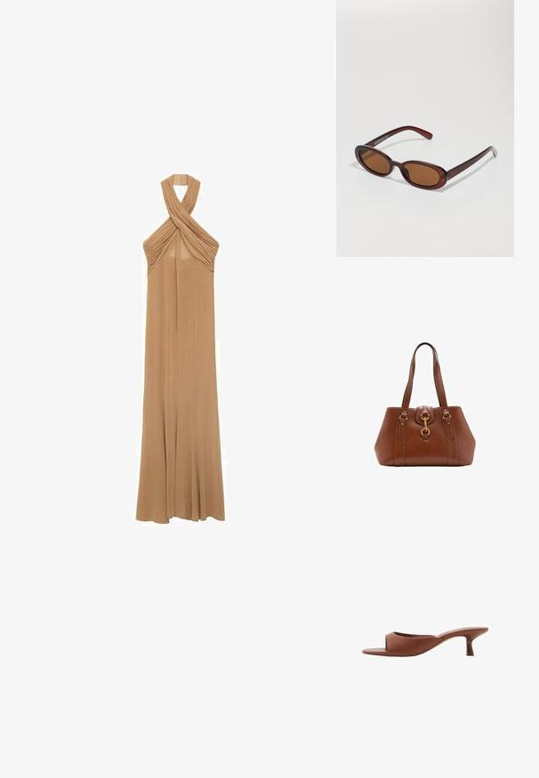 Šaty s halter krkem v jemné béžové látce, s sklady na výstřihu a volným, podlahovou délkou.; Hnědé sandály na podpatku s otevřenou špičkou a hladkým, matným povrchem, které mají zakřivený design a průhledný, zúžený podpatek.; Kulaté sluneční brýle hnědé barvy s lesklým burgundským rámem. Úzké nožičky s jemným logem. Rovné čočky.; Hnědá kožená kabelka s dvojitými popruhy, zaobleným tvarem, zlatými kovovými doplňky a centrálním detailem s přezkou. Hladký povrch s prošívanými akcenty.