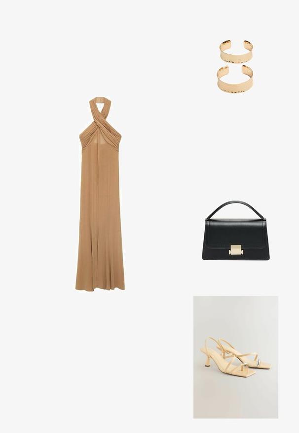 Klepetast obleka iz mehke bež tkanine, ki ima naborke na zgornjem delu in tekoč dizajn do tal.; Beige sandals z visoko peto, s kvadratno konico, tankimi trakovi in metalnim akcentom na prstih. Visoka, blokasta peta za stabilnost.; Črna usnjena torbica z strukturiranim dizajnom, zgornjim ročajem in zlate kovinske sponke na sprednji strani. Gladka tekstura, minimalno šivanje.; Zlato obarvani kovinski manšetni z neenakomerno teksturo, s odprto zasnovo in gladkimi robovi. Prikazane sta dve velikosti: ena širša, druga ožja.