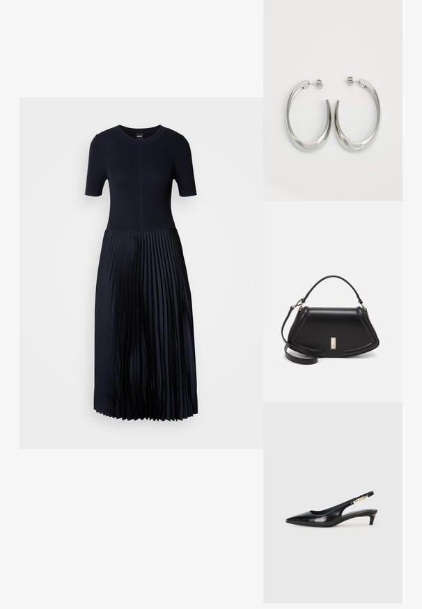 Meripaita tummansinisestä neuleesta, jossa on tiukka yläosa ja laskostettu hame. Lyhyet hihat, pyöreä pääntie ja sileä rakenne korostavat suunnittelun eleganssia.; Mustat nahkaiset slingback-korkokengät, joissa on terävä kärki, ohuet korot ja kultasävytteinen yksityiskohta säädettävässä hihnassa. Silkkinen pinta.; Mustalla nahkalaukulla, jossa on jämäkkä muotoilu, lyhyt malli, yläkahva ja kultaiset yksityiskohdat. Säädettävä olkahihna sisältyy.; Hope hopeista, joissa on sileä, kaareva muotoilu. Varustettu kiiltävällä metallipinnoitteella ja nappikiinnityksellä. Ei näkyviä kuvioita tai koristeluja.