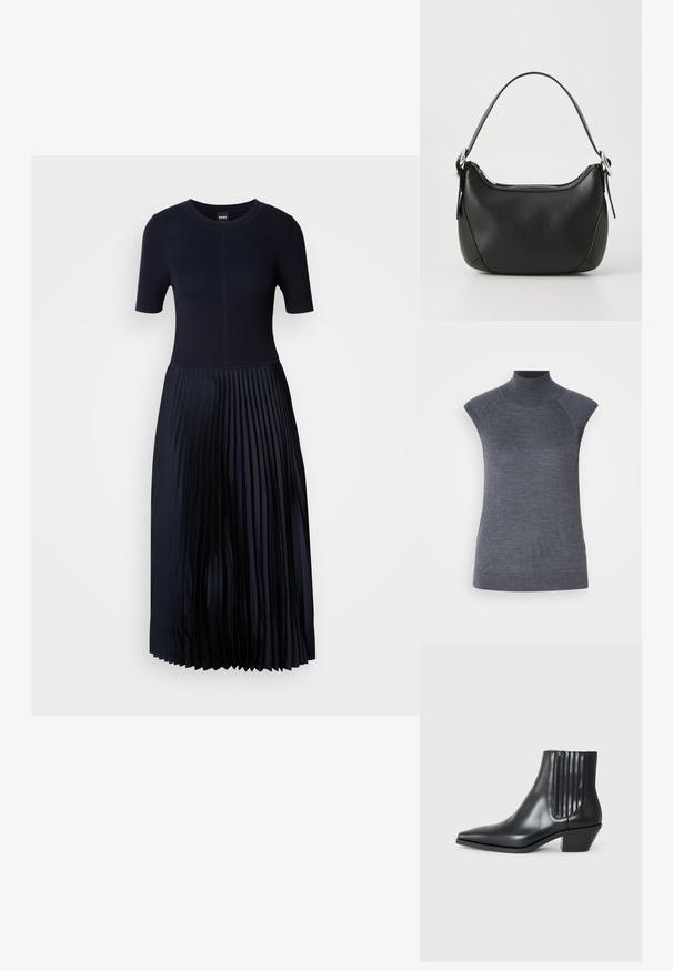 Námořnické pletené šaty s těsným živůtkem a skládáním sukně. Krátké rukávy, kulatý výstřih a hladká textura zvyšují eleganci této kreace.; Šedý bezrukávový rolák, přiléhavý střih, žebrovaná textura, hladká látka, vysoký límec a stylové vykrojení na ramenech.; Černá kožená kotníková bota s špičatou špičkou, elastickými bočními panely s vertikálními drážkami a nízkým blokovým podpatkem. Hladká textura a elegantní design.; Černá kožená kabelka s zakřiveným tvarem, stříbrným zipem a krátkým uchem. Na přední straně se nachází nenápadné logo a má hladkou texturu.