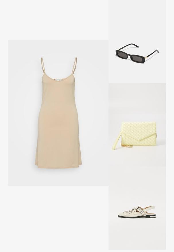 Telová hodvábna šaty bez rukávov s tenkými ramienkami, výstrihom do V a rovnom strihom. Vyrobené z hladkej, ľahkej látky s jednoduchým dizajnom.; Sandalové topánky so zapínaním vzadu z bielej kože s viacerými širokými popruhmi a striebornými prackami; plochá podrážka s malým čiernym podpätkom a metalickými akcentmi.; Čierne obdĺžnikové slnečné okuliare s tmavými šošovkami, lesklými plastovými rámami a zlatými akcentmi na spánkoch. Minimalistický dizajn a štíhly tvar.; Žltý tkaný clutch peňaženka s preklápacím dizajnom, odnímateľným zápästným remienkom a zlatým reťazovým doplnkom. Hladký povrch a obdĺžnikový tvar.; Zlaté kruhové náušnice s hladkým, lesklým povrchom. Cirkulárny dizajn s malým steblom a jasným záznamom pre bezpečné nosenie.