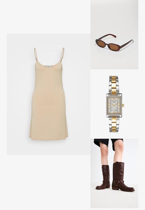 Nude-färgad klänningsklänning med tunna band, V-ringning och rak passform. Tillverkad av mjukt, lätt tyg med en enkel design.; Bruna läderknähöga stövlar med rundad tå, strukturerad yta, ankelrem och detaljer i silver; klack med staplad design.; Runda, bruntonade solglasögon med en glansig bordeauxfärgad ram. Smala bågar med subtilt varumärkesdetalj. Platt linsdesign.; Casio kvartsur med en rektangulär silver urtavla, guldaccenter och ett tvåfärgat metallarmband i silver och guld. Vattenskyddande egenskap.