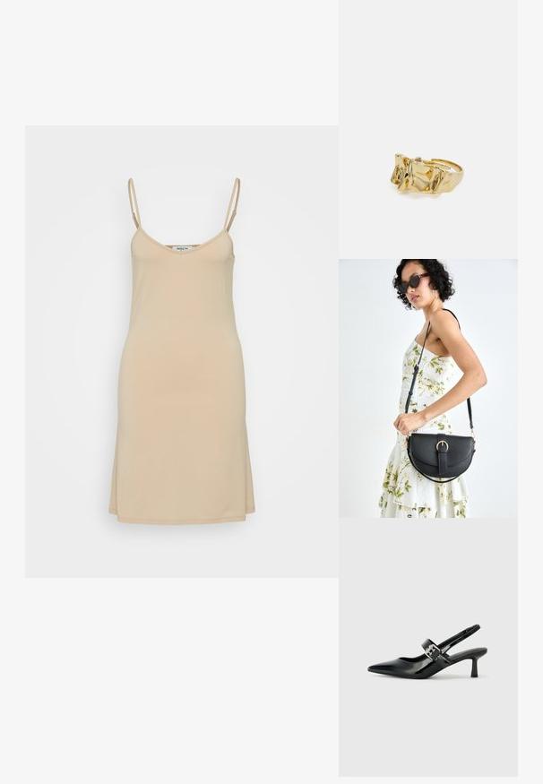 Gola haljina u boji kože s tankim trakama, V-izrezom i ravnim krojem. Izrađena od glatkog, laganog materijala s jednostavnim dizajnom.; Crne lakirane slingback potpetice s oštrim prstom i malom blok petom, s naglaskom na srebrnoj kopči na remenu.; Crna kožna torba s lukovitim oblikom, odvojivim remenom i zlatnim detaljima. Torba ima preklop s kopčom.; Zlatni prsten s teksturiranim, valovitim dizajnom koji ima tri istaknuta vrha. Glatka, sjajna površina s otvorenom trakom za podešavanje veličine.