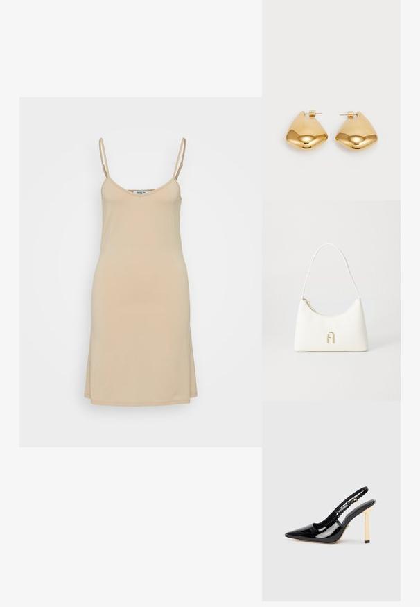 Sukienka w kolorze nude na cienkich ramiączkach, z dekoltem w kształcie litery V i prostym krojem. Wykonana z gładkiego, lekkiego materiału o prostym wzorze.; Czarne patentowe skórzane buty na obcasie typu slingback z wydłużonym noskiem i złotym kwadratowym akcentem na obcasie. Posiada regulowany pasek w okolicy kostki.; Biała torebka o zakrzywionym kształcie i gładkiej teksturze. Posiada akcent w kolorze złotym z logo oraz zamek błyskawiczny. Regulowany pasek na ramię.; Złote metalowe kolczyki w gładkim, zaokrąglonym trójkątnym kształcie i projekcie z zapięciem na sztyft; odbijająca powierzchnia z minimalnymi detalami.