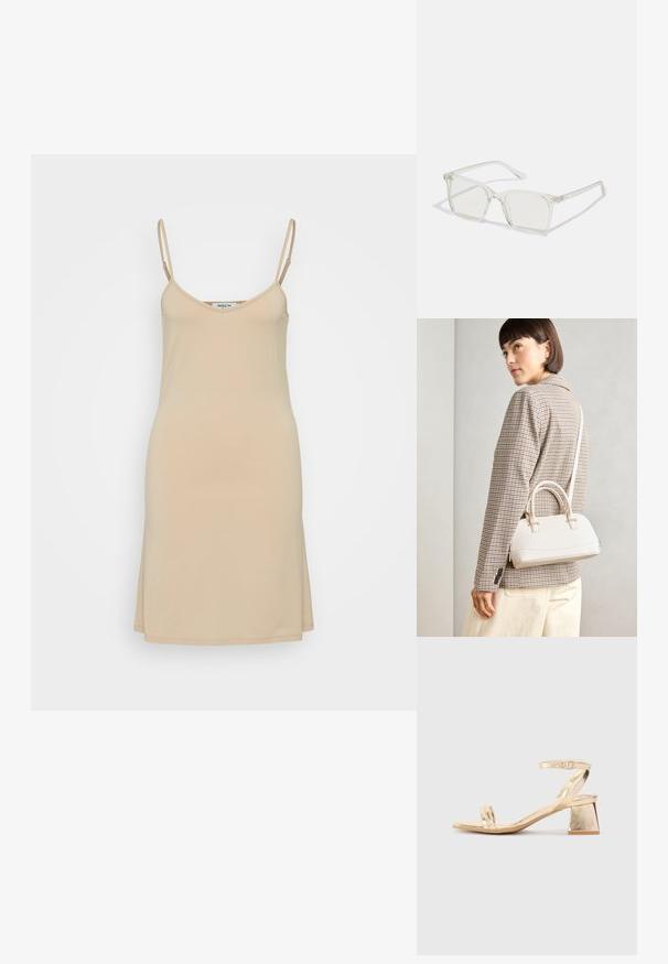 Vestido lencero color nude con tirantes finos, escote en V y corte recto. Está confeccionado con una tela suave y ligera de diseño sencillo.; Sandalia de tacón metálica dorada con un tacón de bloque angular, dos correas sobre el pie y una correa ajustable en el tobillo. Textura suave.; Gafas cuadradas de plástico transparente con lentes translúcidos, que cuentan con acentos dorados en las patillas para un detalle adicional.; Bolso estructurado blanco con asas cortas y una correa para el hombro, que presenta detalles en dorado y material texturizado, exhibido sobre un fondo gris.; Pendiente de metal en tono dorado con un diseño elegante y curvado. Presenta una forma puntiaguda distintiva, superficie pulida y cierre de bisagra.