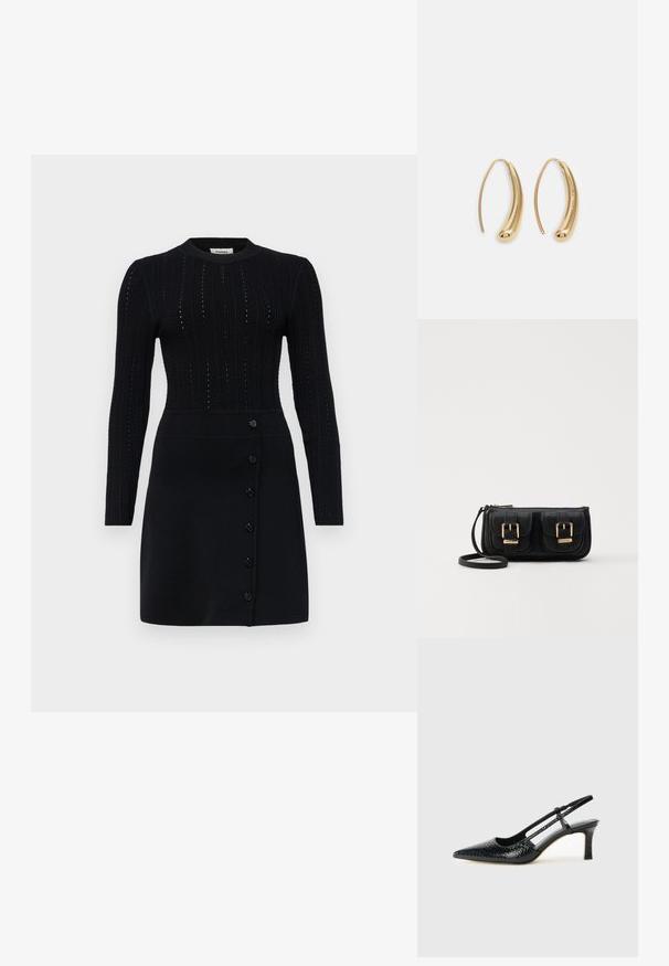 sandro Strickkleid - noir; Schwarze Lack-Slingback-Pumps mit spitzem Zehenbereich, versehen mit strukturiertem Schlangenprint, verstellbarem Riemen und einem kurzen, strukturierten Blockabsatz.; Schwarze Leder-Umhängetasche mit zwei vorderen Taschen, goldenen Schnallen, Reißverschluss und einem schmalen Tragegurt. Texturierte Oberfläche und kompakte rechteckige Form.; Goldfarbene Metall-Hoops mit einer geschwungenen, länglichen Form. Sie verfügen über eine glatte, glänzende Oberfläche und eine abgerundete Spitze für zusätzliche Details.