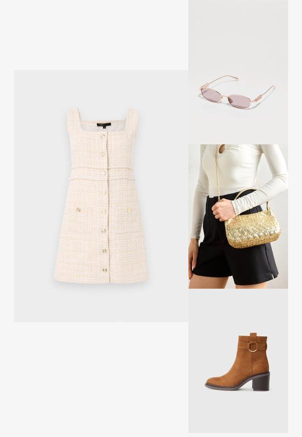 Krema obleka iz teksturirane tkanine. Ima kvadratni izrez, sprednje gumbanje in dve sprednji žepki s dekorativnimi gumbi.; Rjavi semiš gleženjski čevelj z zaobljenim nosom, blok peto in dekorativnim pasom, ki vključuje okroglo sponko.; Gucci GG1802S - Sončna očala - gold-gold-violet; Zlatna torbica s paile, pravokotne oblike, z kratkim ročajem in dolgo verižico. Tekstura je sijoča in odsevna.