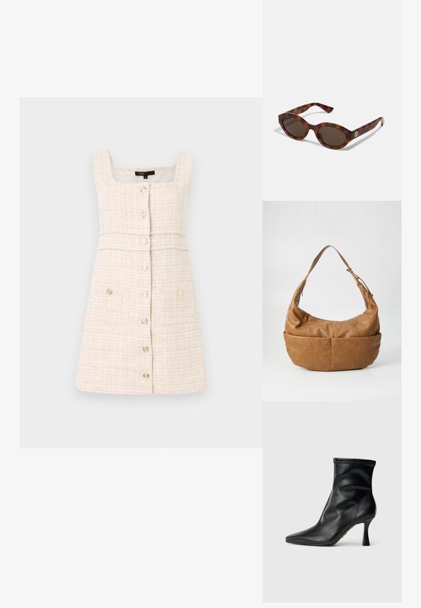 Cremfarbendes Kleid aus strukturiertem Stoff. Mit einem quadratischen Ausschnitt, Knopfverschluss und zwei vorderen Taschen mit dekorativen Knöpfen.; Schwarze Leder-Ankle-Boots mit spitzem Zehenbereich, mittelhohem, ausgestelltem Absatz, glatter Oberfläche und seitlichem Reißverschluss.; Schildpatt-Sonnenbrillen mit runden Rahmen, dunklen Gläsern und goldfarbener Logodetailierung an den Schläfen. Glattes Kunststoffmaterial, keine sichtbaren Muster.; Mittelgroße, weiche braune Lederhandtasche mit einem lässigen Design, einem einzelnen Schulterriemen und einer großen Fronttasche. Texturierte Oberfläche.